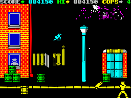 Cop-Out (ZX Spectrum) screenshot: Level 1, the bi-plane explodes and gives you 1000 points, shoot birds for 150 points.