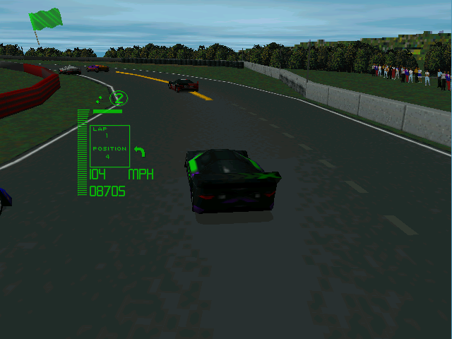 XCar: Experimental Racing (DOS) screenshot: Chase view - far distance (3dfx, demo version).