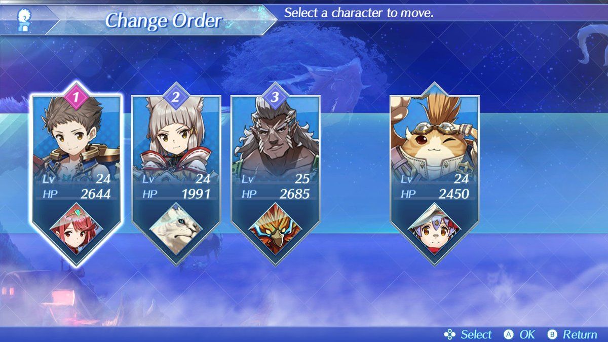 Xenoblade Chronicles 2 (Nintendo Switch) screenshot: The party can only have three active Drivers at a time. Once more members join, this menu can be used to select the active roster.