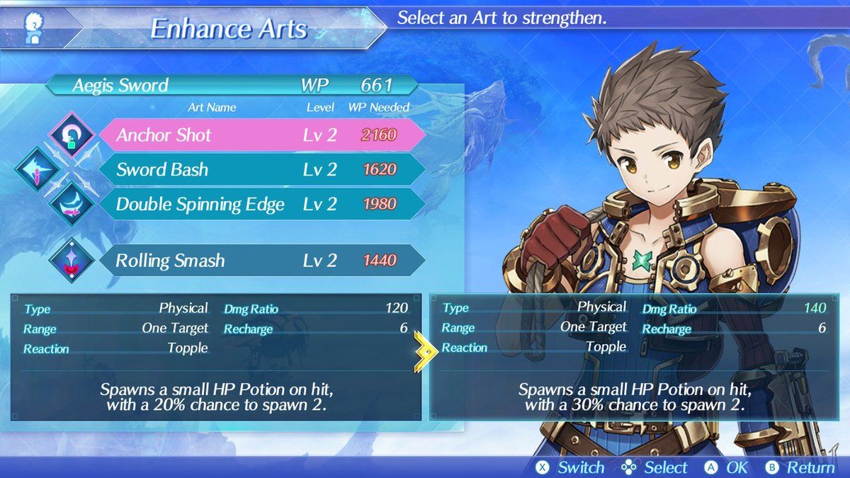 Xenoblade Chronicles 2 (Nintendo Switch) screenshot: As in previous games, a skill point system is used to upgrade arts. Each character has four arts available per weapon type, but must choose only three to use.