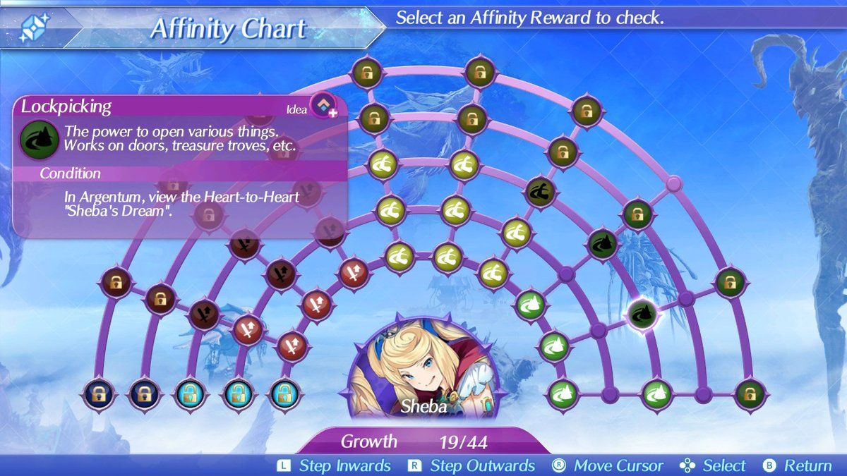 Xenoblade Chronicles 2 (Nintendo Switch) screenshot: Both Blades and Drivers have a skill tree called the Affinity Chart. While Drivers upgrade their skills through a point system, Blades require various achievements to be completed.