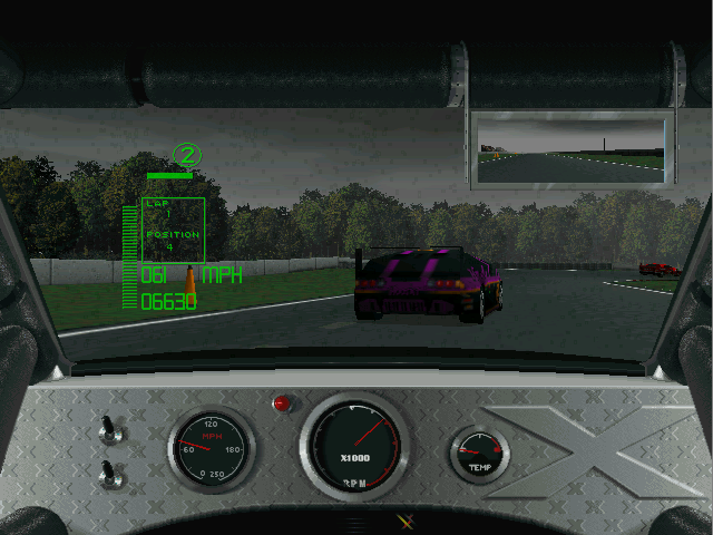 XCar: Experimental Racing (DOS) screenshot: Cockpit view during a race on a rainy day (3dfx, demo version).