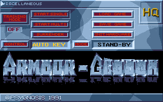 Armour-Geddon (DOS) screenshot: Main Menu (VGA 16 Color)