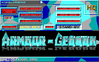 Armour-Geddon (DOS) screenshot: Main Menu (EGA)