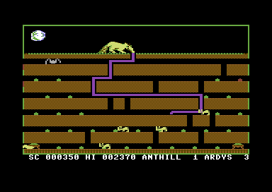 Ardy the Aardvark (Commodore 64) screenshot: Tongue was touched so a life lost.