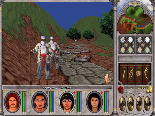 Might and Magic VI: The Mandate of Heaven (Windows) screenshot: Look, just admit you have no chance. I just killed eight old guys looking just like you, what's two more to me?