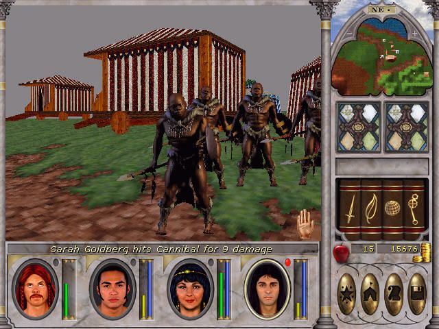 Might and Magic VI: The Mandate of Heaven (Windows) screenshot: Fighting cannibals. Why are they black, by the way? Conscious racism, stereotypical thinking, or part of the game's lore?