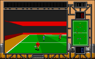 International Soccer Challenge (Atari ST) screenshot: I need to pass to one of the red pixels on the radar. Oh wait, I am the blue team.