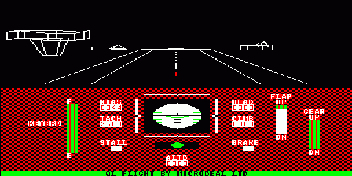 Worlds of Flight (Sinclair QL) screenshot: Takeoff, full throttle, brakes off, rolling.
