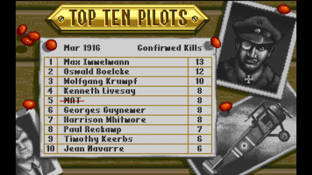 Wings (Macintosh) screenshot: Top ten pilots on both sides of war (GOG version)