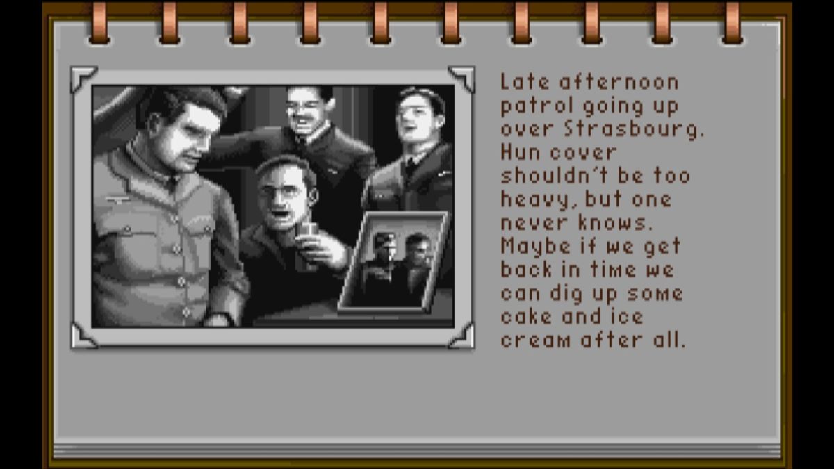 Wings (Macintosh) screenshot: Certain pages in your diary will contain images to commemorate some event that took place (GOG version)
