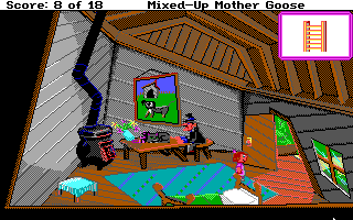 Mixed-Up Mother Goose (DOS) screenshot: Inside the crooked house - quite a cosy place anyway