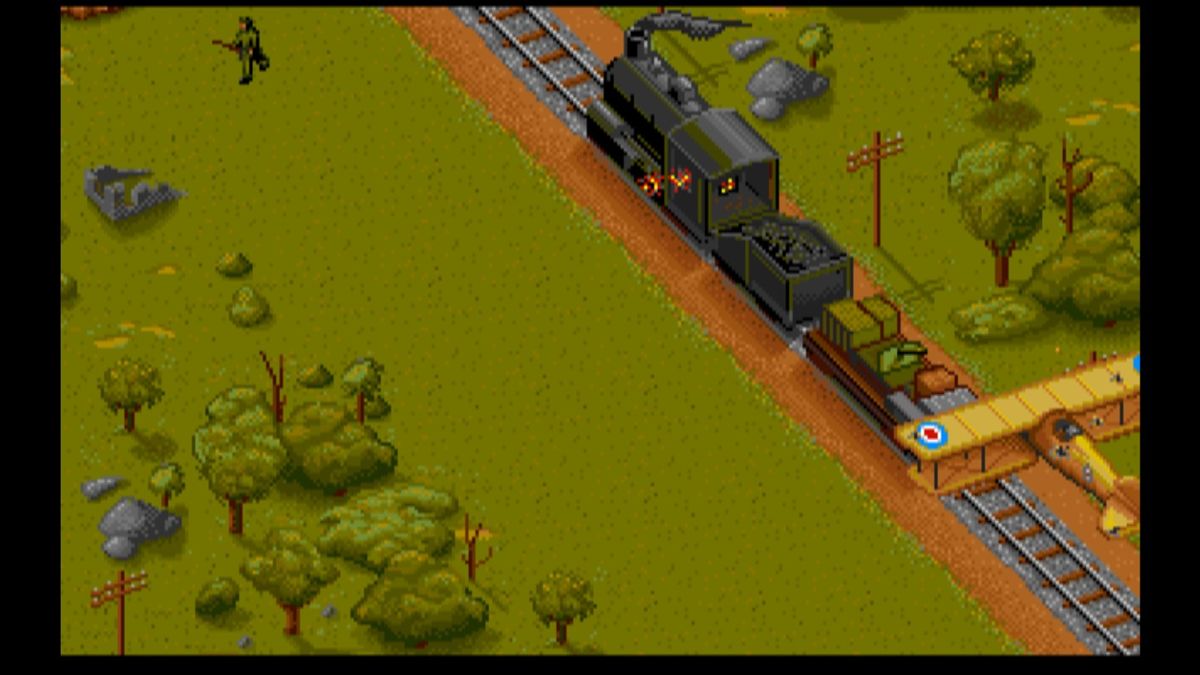 Wings (Macintosh) screenshot: Strafing an enemy train (GOG version)