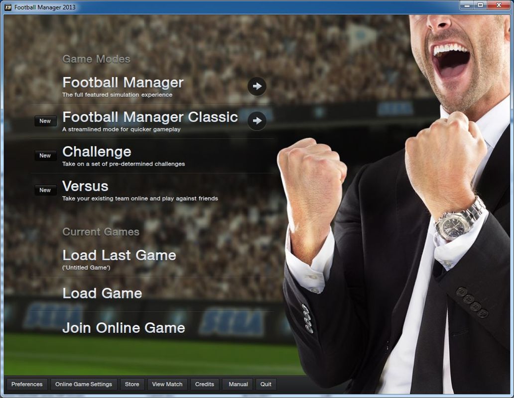 Football Manager 2013 (Windows) screenshot: The title page follows a series of company logos and 'play fair' messages. The game can be played in either full screen mode or in a window as shown here
