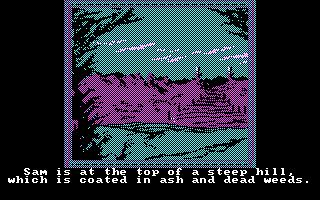 The Crack of Doom (DOS) screenshot: At the top of a steep hill (CGA)