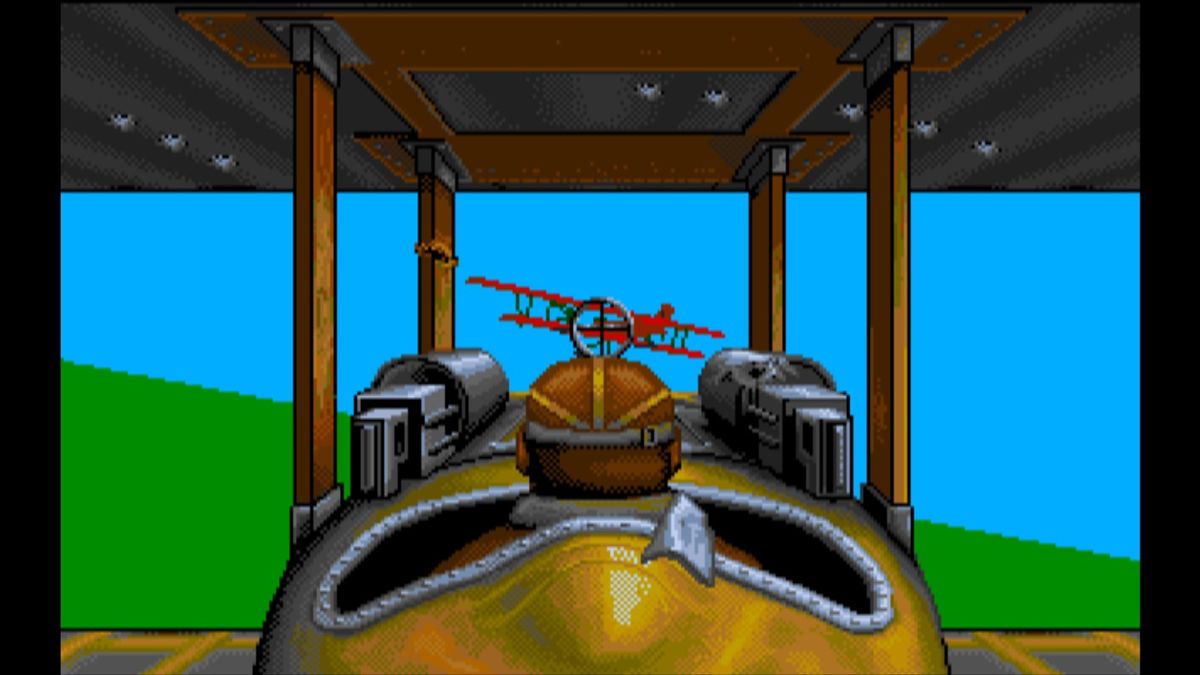 Wings (Macintosh) screenshot: Enemy biplane in the crosshair (GOG version)