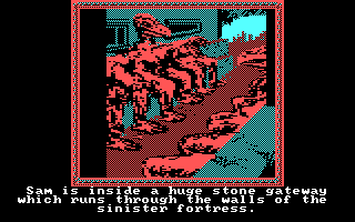 The Crack of Doom (DOS) screenshot: Inside a huge stone gateway (CGA)