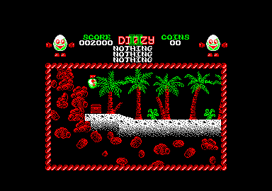 Treasure Island Dizzy (Amstrad CPC) screenshot: Using a chest to get up an otherwise hard to reach area.