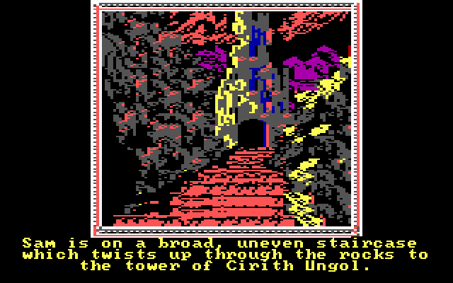 The Crack of Doom (DOS) screenshot: You play the role as Sam the Hobbit, alone at the tower of Cirith Ungol (EGA)