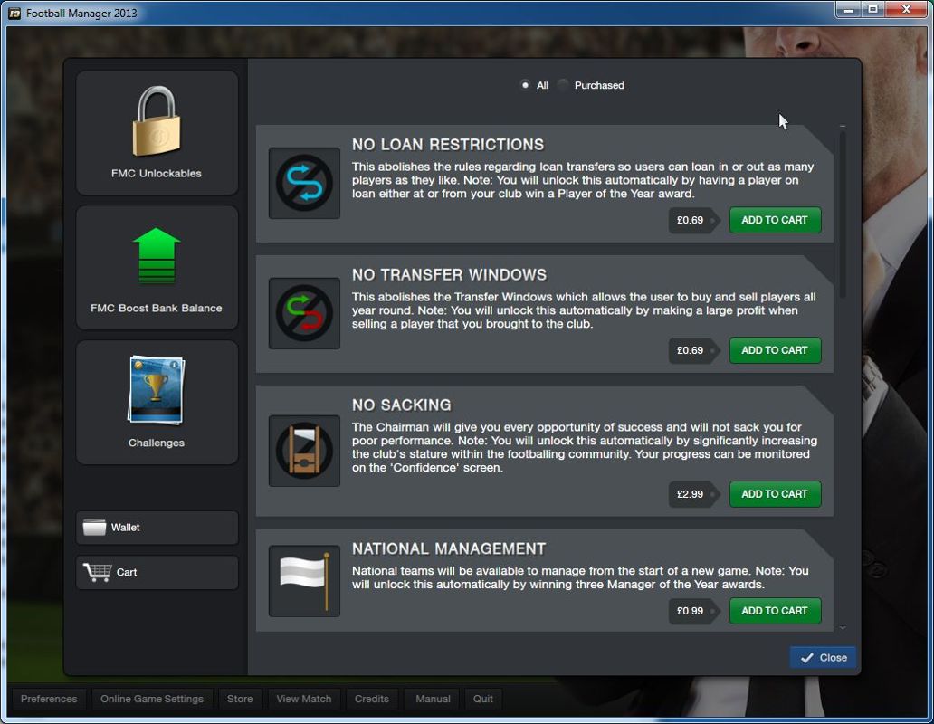 Football Manager 2013 (Windows) screenshot: The main menu has a STORE option through which additional add-on features can be purchased. Some of these can be unlocked as the player progresses through the game