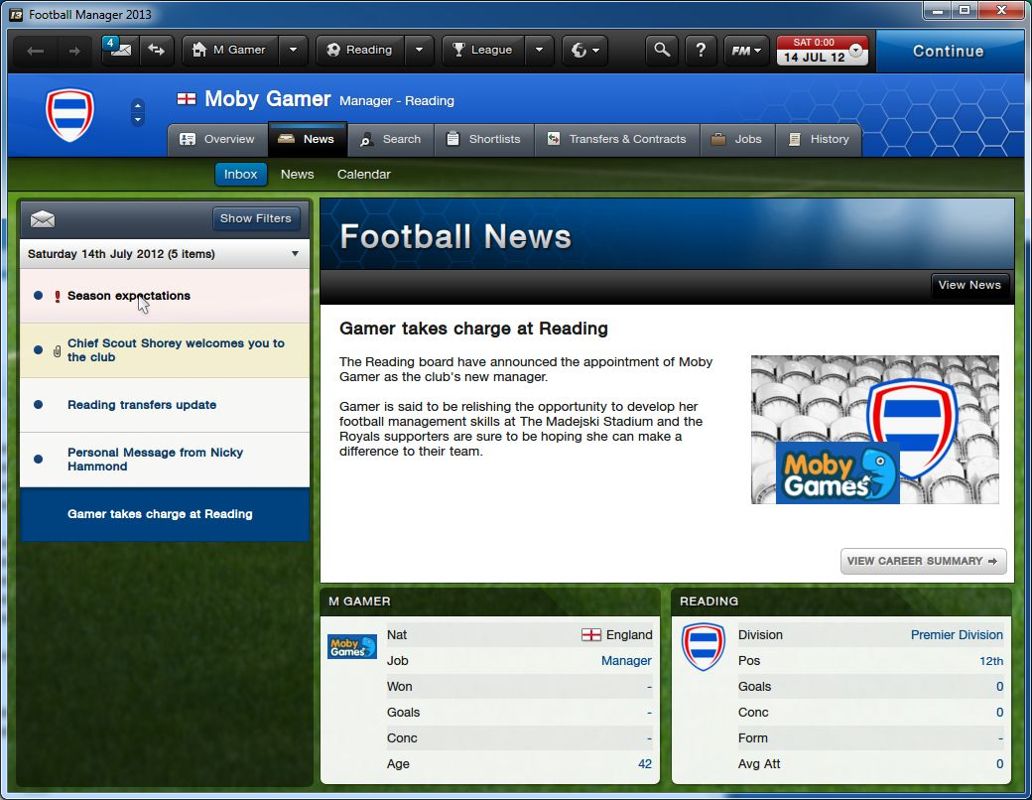 Football Manager 2013 (Windows) screenshot: Starting a Career game (Classic mode)<br>This is the first screen viewed when the player takes control of a club