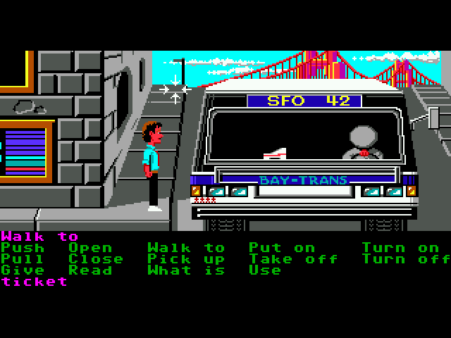Zak McKracken and the Alien Mindbenders (Macintosh) screenshot: A bus driver's asleep (GOG release, DOS version)