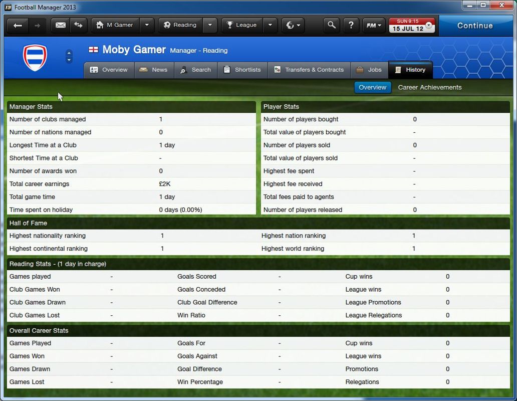Football Manager 2013 (Windows) screenshot: Career game (Classic mode)<br>This is the manager stats screen. It looks as though a manager is not expected to stay with a single club for their entire career