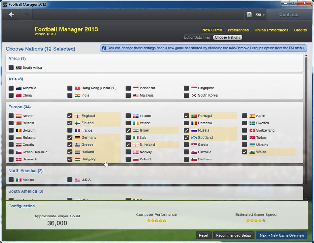 Football Manager 2013 (Windows) screenshot: Starting a new career in the 2013 mode<br>There are so many countries to play in. The Classic mode was limited to just three countries whereas this mode is 'technically' unlimited
