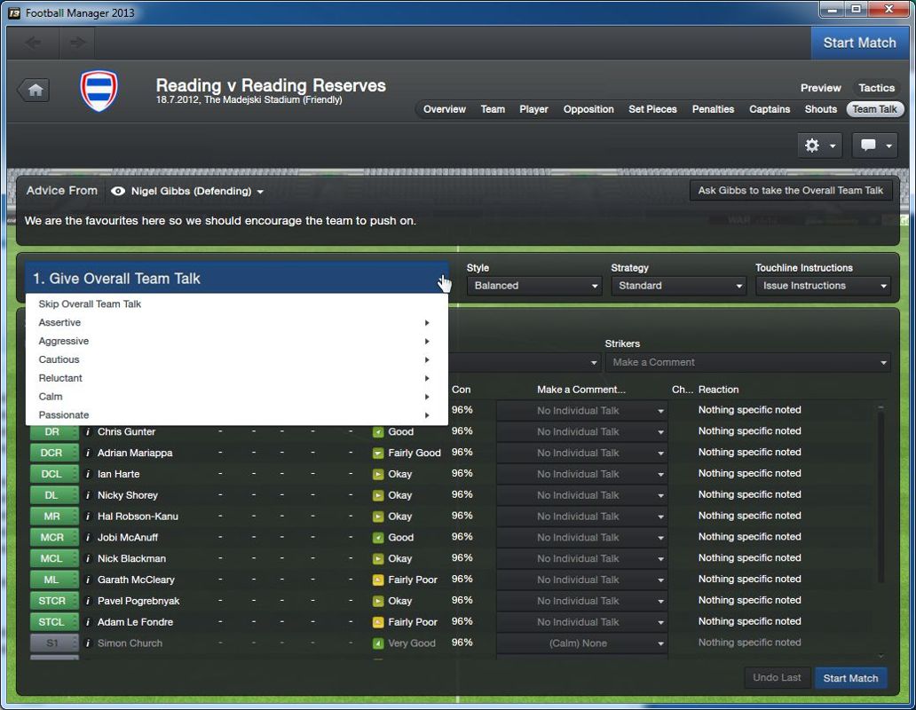 Football Manager 2013 (Windows) screenshot: Playing in FM 2013 mode<br>Prior to a match the manager gives a team talk