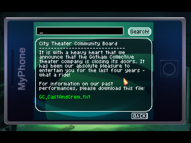 The Blackwell Epiphany (Macintosh) screenshot: Search engine is important in finding clues, just as in previous games