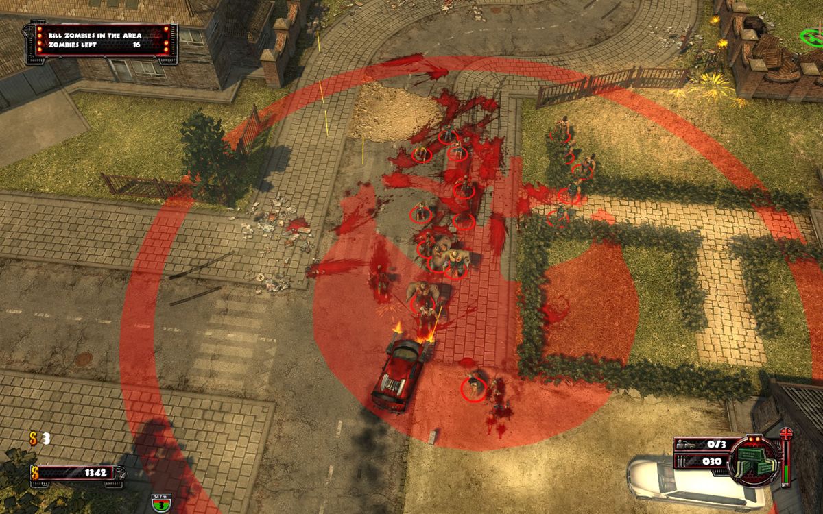 Zombie Driver (Windows) screenshot: Infested areas are marked brightly in red.