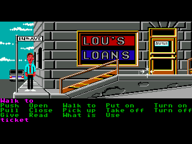 Zak McKracken and the Alien Mindbenders (Macintosh) screenshot: In front of Lou's Loans (GOG release, DOS version)