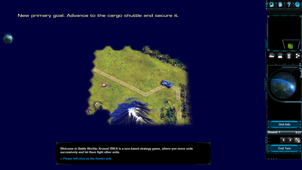 Battle Worlds: Kronos (Macintosh) screenshot: Starting the first campaign mission with fog of war all around the map