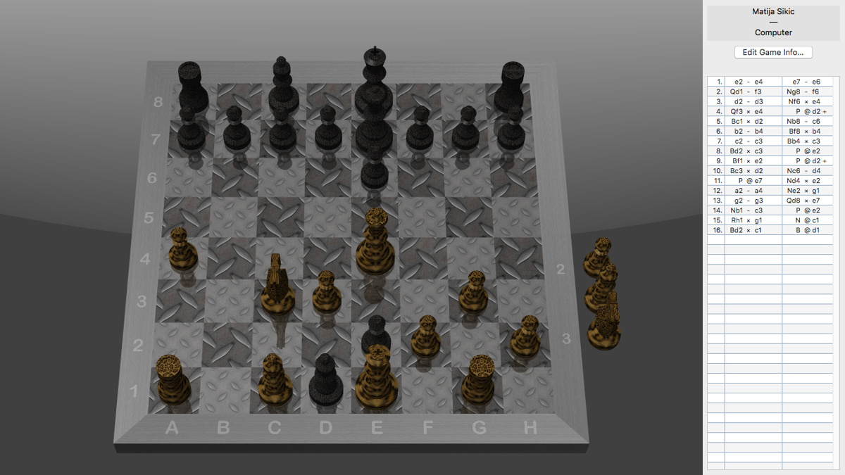 Mac OS X (included games) (Macintosh) screenshot: Chess (Mac OS El Capitan, Version 10.11.3) - Switching textures to steel chessboard and fur chess pieces (fullscreen mode)