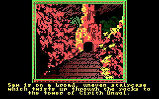 The Crack of Doom (DOS) screenshot: The game begins on an uneven staircase (CGA)