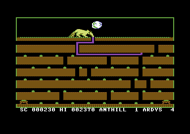 Ardy the Aardvark (Commodore 64) screenshot: Winding your tongue through the maze to get to the food.