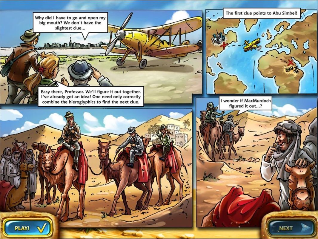 Mahjongg Mysteries: Ancient Egypt (Windows) screenshot: Adventure Mode: having agreed to the bet Dr. Deanfield, Miss Mosely and Professor Prestwick set off for Egypt