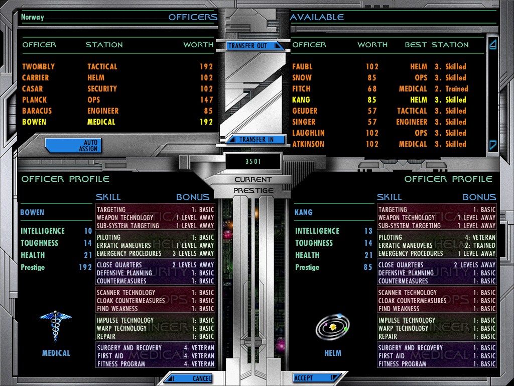 Star Trek: Starfleet Command III (Windows) screenshot: Between missions you can pick up new crew members at nearby starbases.