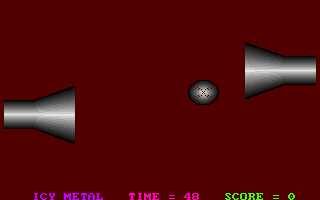 Icy Metal (DOS) screenshot: Game 2 - ball moving right toward funnel, a point is soon scored.