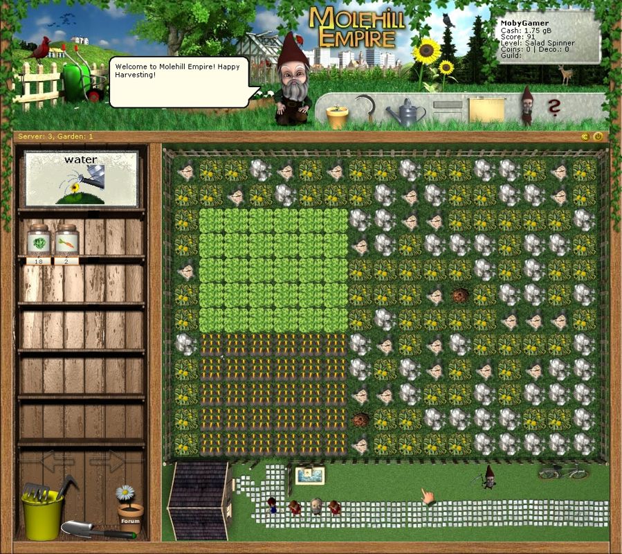 Molehill Empire (Browser) screenshot: My garden of half lettuce/half carrots is ready for harvesting. This can be done with two clicks using the scythe gnome standing in the lower right corner.