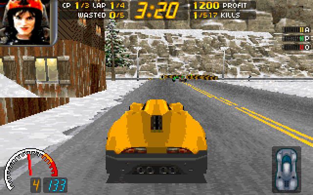 Carmageddon (DOS) screenshot: moment of silence and "usual" race. No pedestrian, opponent is far...