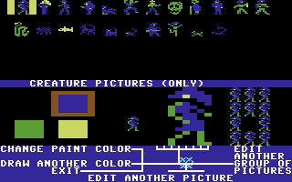 Stuart Smith's Adventure Construction Set (Commodore 64) screenshot: Editing graphics for creatures in the mystery set.