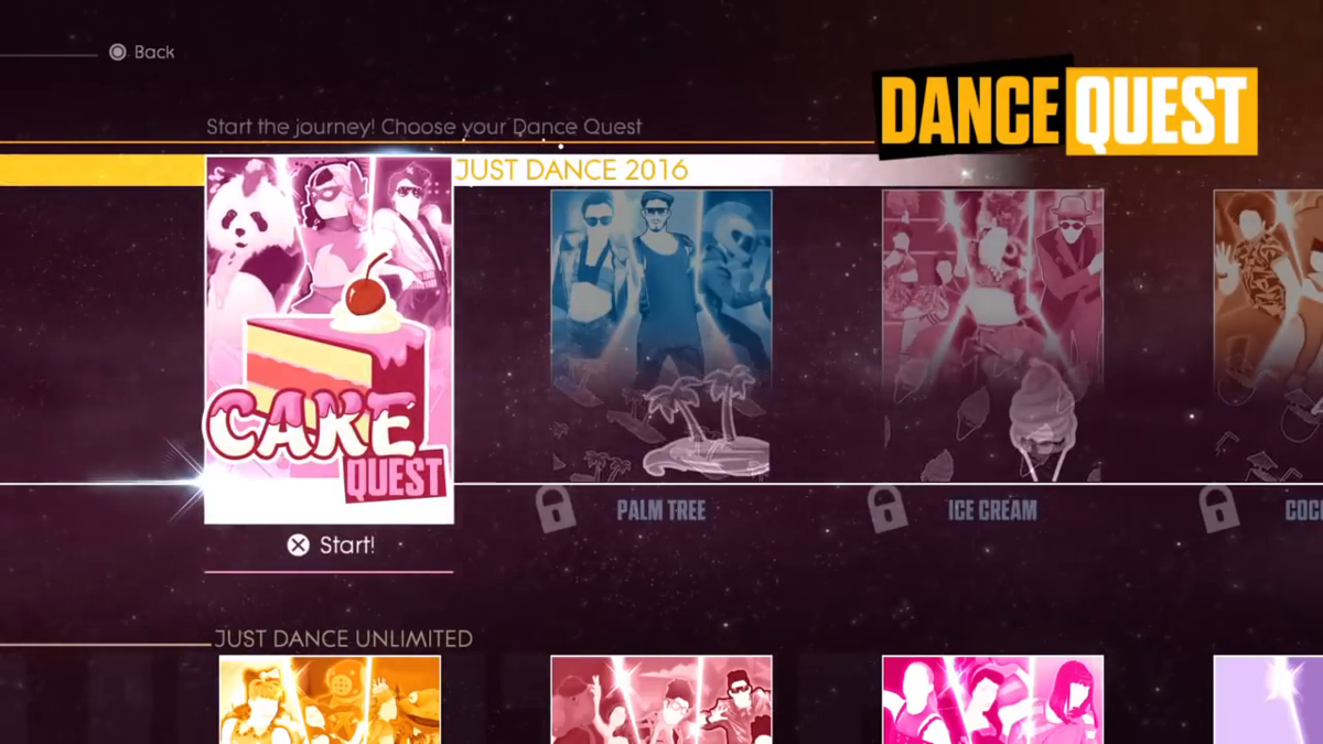Just Dance 2016 (PlayStation 4) screenshot: Dance Quest menu