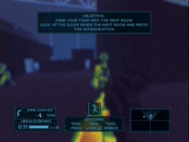 Tom Clancy's Rainbow Six 3 (GameCube) screenshot: Thermo-vision will clearly show your enemies and allies alike.