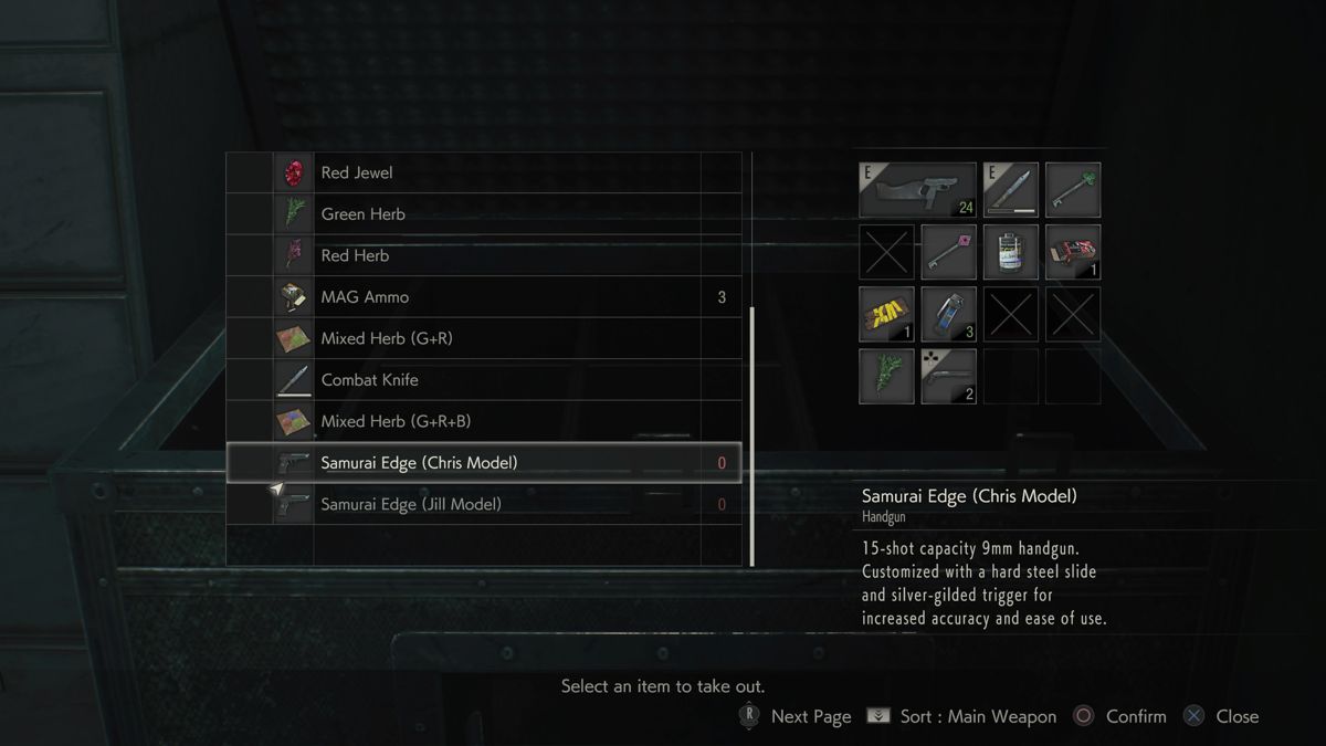 Resident Evil 2 (PlayStation 4) screenshot: Once unlocked, both Samurai Edge handguns will appear in the item box