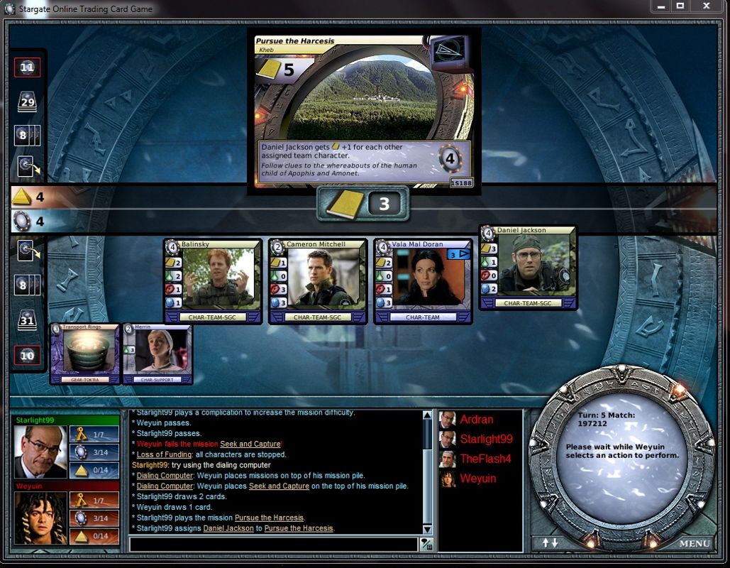 Stargate Online Trading Card Game (Windows) screenshot: Applying cards to a quest in the "hero" turn.
