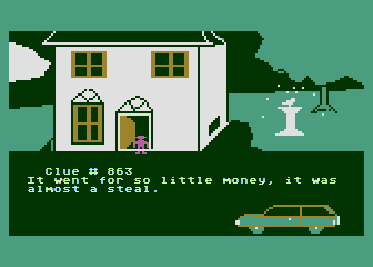 Snooper Troops (Atari 8-bit) screenshot: Gathering clues by more conventional methods at another house