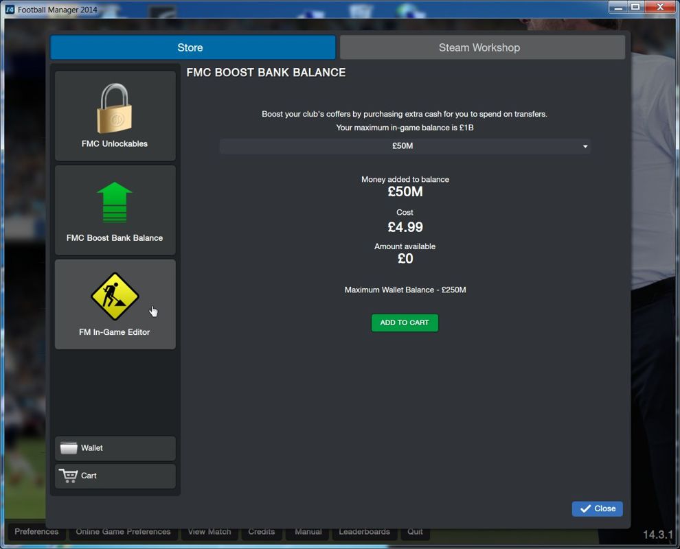 Football Manager 2014 (Windows) screenshot: There are around a hundred game features that are unlocked as the player progresses through the game which a player can pay to unlock early. The Editor & Bank Boost must be bought.