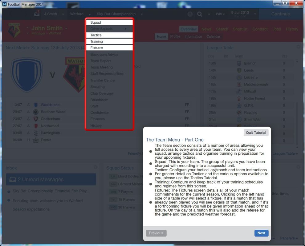Football Manager 2014 (Windows) screenshot: The game comes with a detailed tutorial, this is a shot from the lesson on how to use the interface
