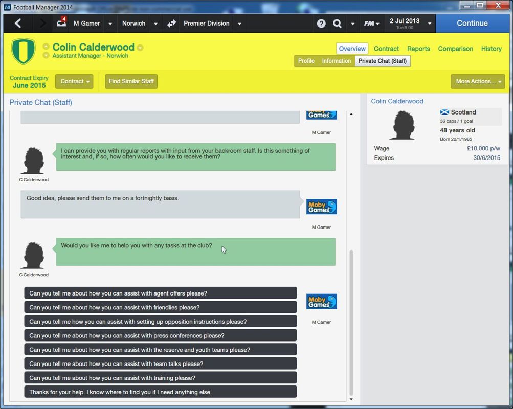 Football Manager 2014 (Windows) screenshot: Starting a game in FM2014 Career Mode.<br>Here the new manager is meeting the backroom staff. This screenshot shows how such conversations take place